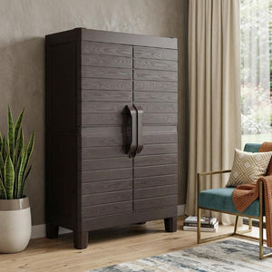 26 Inch Square Plastic Paneled Accent Cabinet with Double Doors for Modern Living Room Storage