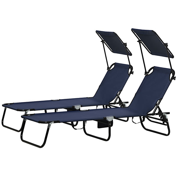 English Elm Outsunny Folding Chaise Lounge Chairs Set With Canopy Shade, Adjustable Recline & Side Pocket Storage W2225P200746-GIGA