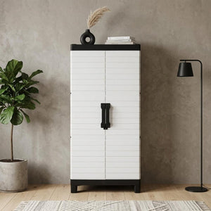 26 Inch Square Plastic Paneled Accent Cabinet with Double Doors for Modern Living Room Storage