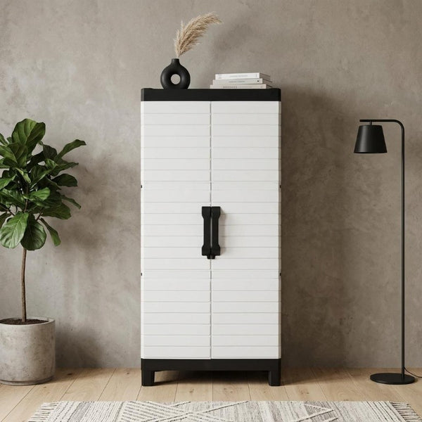 26 Inch Square Plastic Paneled Accent Cabinet with Double Doors for Modern Living Room Storage
