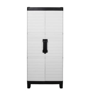 26 Inch Square Plastic Paneled Accent Cabinet with Double Doors for Modern Living Room Storage
