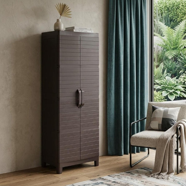 26 Inch Square Plastic Paneled Accent Cabinet with Double Doors for Modern Living Room Storage