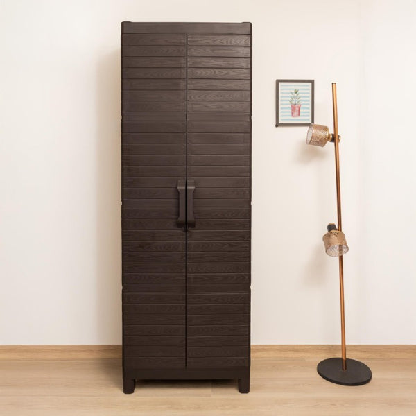26 Inch Square Plastic Paneled Accent Cabinet with Double Doors for Modern Living Room Storage