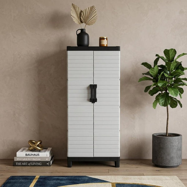 26 Inch Square Plastic Paneled Accent Cabinet with Double Doors for Modern Living Room Storage