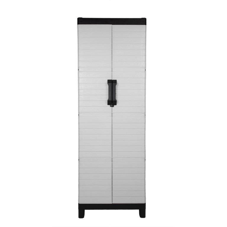 HomeRoots 26 Inch Square Plastic Paneled Accent Cabinet with Double Doors for Modern Living Room Storage Gray 74.8 inches H 738478