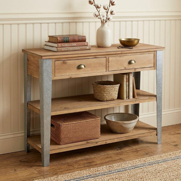 HomeRoots 48 Inch Natural Gray Wood Entryway Console Two Drawers Open Shelving Storage 738479
