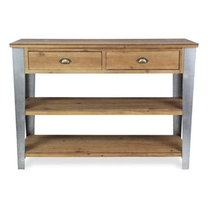 48 Inch Natural Gray Wood Entryway Console Two Drawers Open Shelving Storage