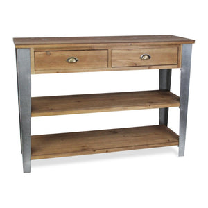 48 Inch Natural Gray Wood Entryway Console Two Drawers Open Shelving Storage