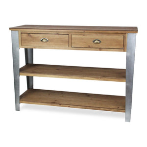 48 Inch Natural Gray Wood Entryway Console Two Drawers Open Shelving Storage