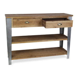 48 Inch Natural Gray Wood Entryway Console Two Drawers Open Shelving Storage
