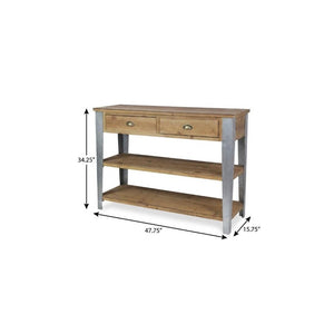 48 Inch Natural Gray Wood Entryway Console Two Drawers Open Shelving Storage