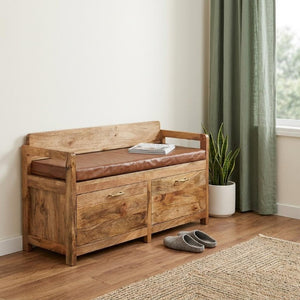 39 Inch Genuine Leather Upholstered Storage Bench Solid Wood Frame Drawers Bedroom Entryway