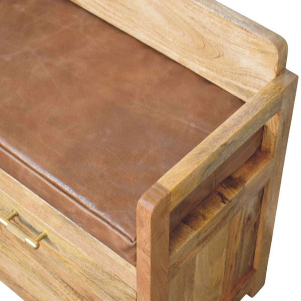 39 Inch Genuine Leather Upholstered Storage Bench Solid Wood Frame Drawers Bedroom Entryway