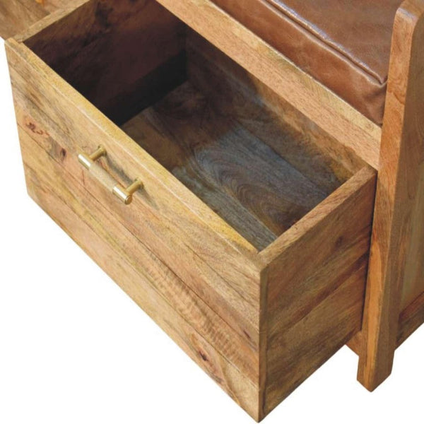39 Inch Genuine Leather Upholstered Storage Bench Solid Wood Frame Drawers Bedroom Entryway