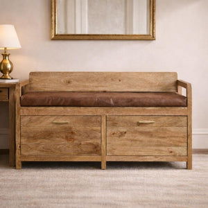 39 Inch Genuine Leather Upholstered Storage Bench Solid Wood Frame Drawers Bedroom Entryway