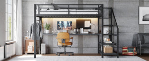 English Elm Twin Xl Metal Loft Bed with Stair Storage Shelves Sturdy Steel Frame for Dorms W1580S00434