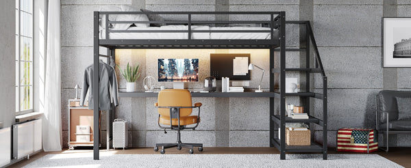 English Elm Twin Xl Metal Loft Bed with Stair Storage Shelves Sturdy Steel Frame for Dorms W1580S00434