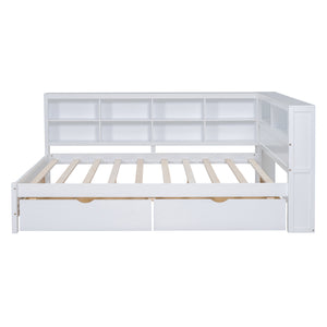 English Elm Wooden Full Size DayBed with Trundle, Pine Frame, Dual Storage Shelf and Built-in USB Charging Ports White 57.7 L x 16.25 W x 6.7 H N733S347772K