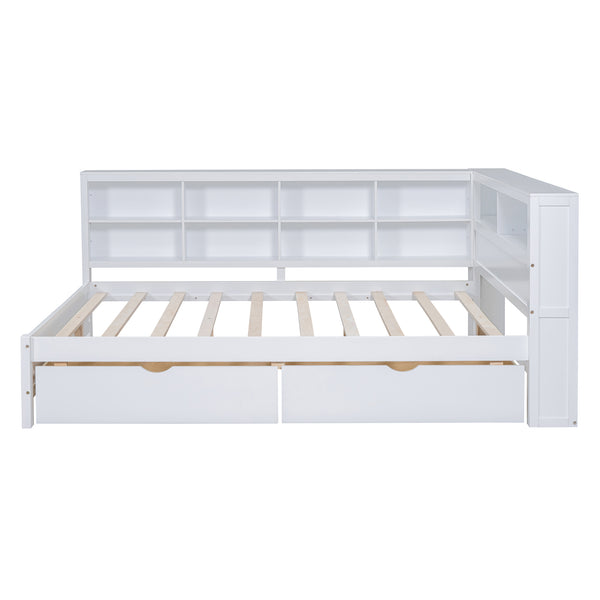 English Elm Wooden Full Size DayBed with Trundle, Pine Frame, Dual Storage Shelf and Built-in USB Charging Ports White 57.7 L x 16.25 W x 6.7 H N733S347772K