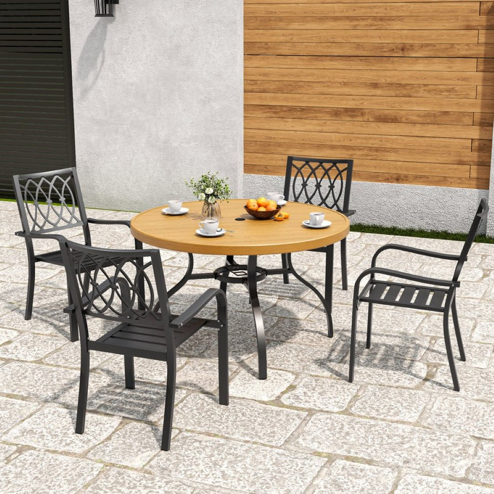 English Elm 5-piece Outdoor Round Dining Set Wood-grain Slat Table Stackable Steel Chairs Garden Black+Natural W3979S00022