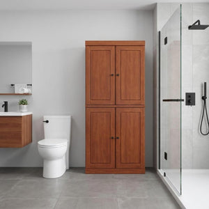 32 Inch Solid Wood Freestanding Linen Cabinet Four Doors Bathroom Storage Organizer