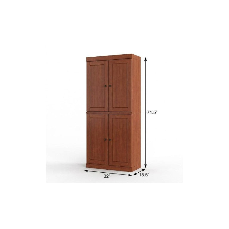 HomeRoots 32 Inch Solid Wood Freestanding Linen Cabinet Four Doors Bathroom Storage Organizer 738604