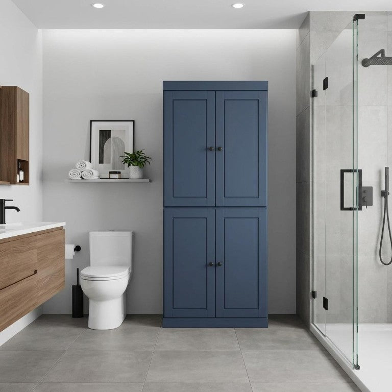 32 Inch Solid Wood Linen Cabinet with Four Doors French Country Bathroom Storage