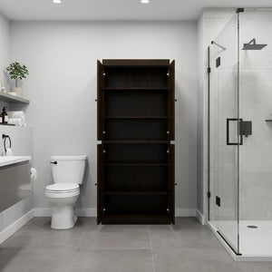 32 Inch Solid Wood Linen Cabinet with Four Doors Freestanding Bathroom Storage
