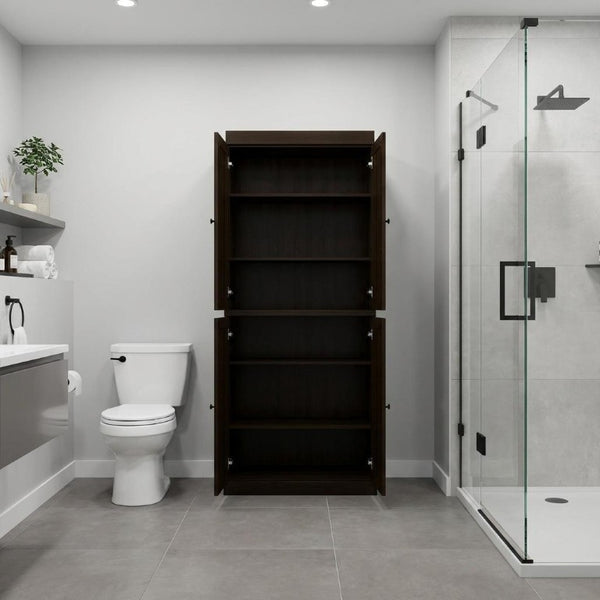 32 Inch Solid Wood Linen Cabinet with Four Doors Freestanding Bathroom Storage