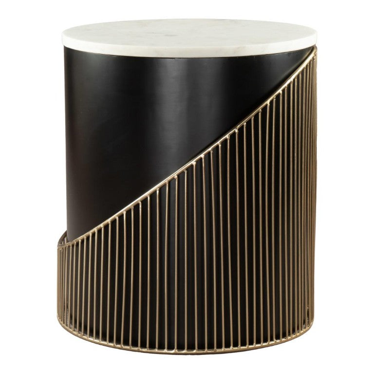 HomeRoots 22 Inch Round Drum Side Table with Marble Top Iron Base and Wood Accents 738623