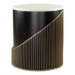 HomeRoots 22 Inch Round Drum Side Table with Marble Top Iron Base and Wood Accents 738623
