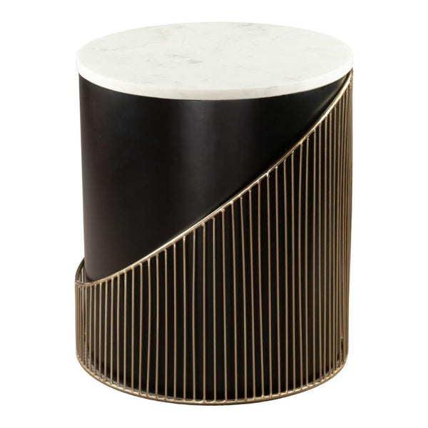 22 Inch Round Drum Side Table with Marble Top Iron Base and Wood Accents