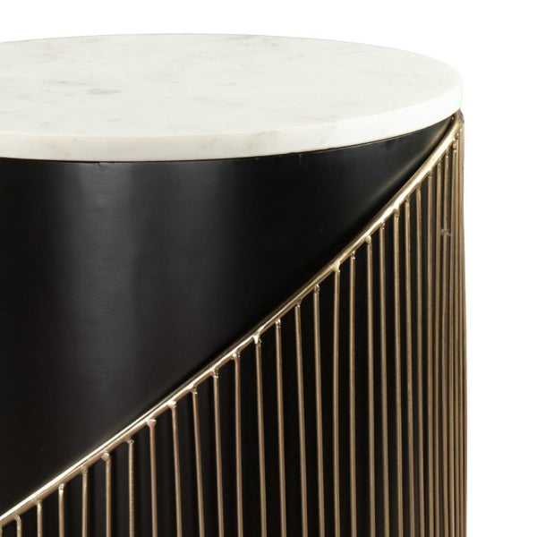22 Inch Round Drum Side Table with Marble Top Iron Base and Wood Accents