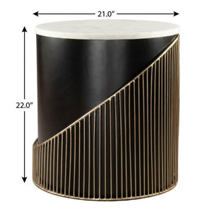 22 Inch Round Drum Side Table with Marble Top Iron Base and Wood Accents