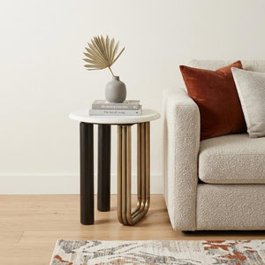 24 Inch Marble Top Round Iron Sled Base End Table for Glam Living Room Decor