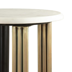 24 Inch Marble Top Round Iron Sled Base End Table for Glam Living Room Decor