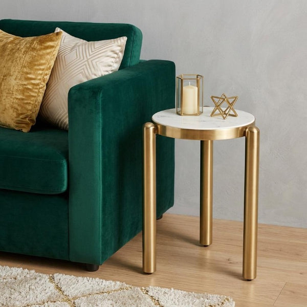HomeRoots 22 Inch Round Marble Top Iron Base End Table Glam Accent for Living Room Decor 738625