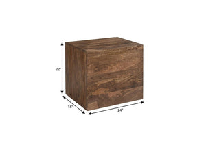 22 Inch Walnut Wood Block End Table Featuring Two Drawers for Stylish Living Rooms