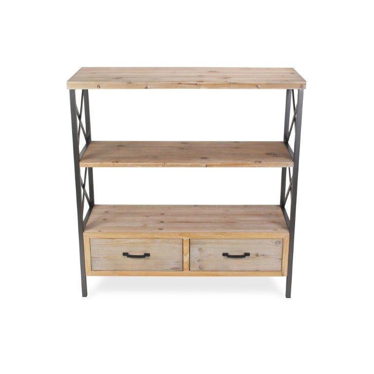 HomeRoots 37 Inch Distressed Brown Metal Wood Etagere with Three Tiers and Dual Storage Drawers 738639