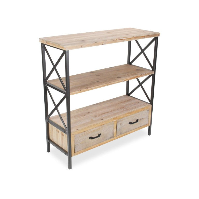 HomeRoots 37 Inch Distressed Brown Metal Wood Etagere with Three Tiers and Dual Storage Drawers 738639