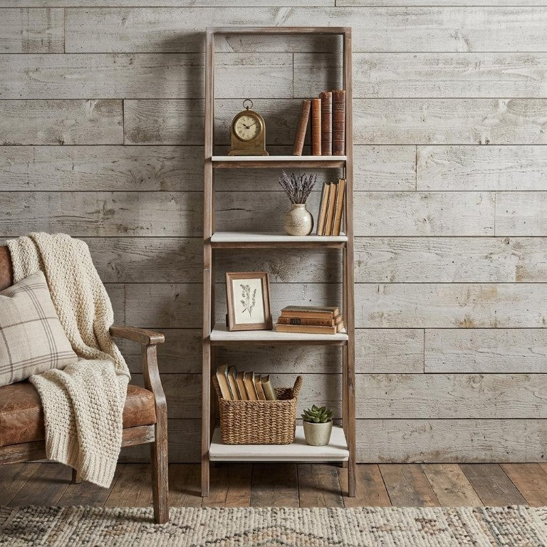 HomeRoots 61 Inch Distressed Brown White Wood Four Tier Ladder Shelf Farmhouse Living Room 738641