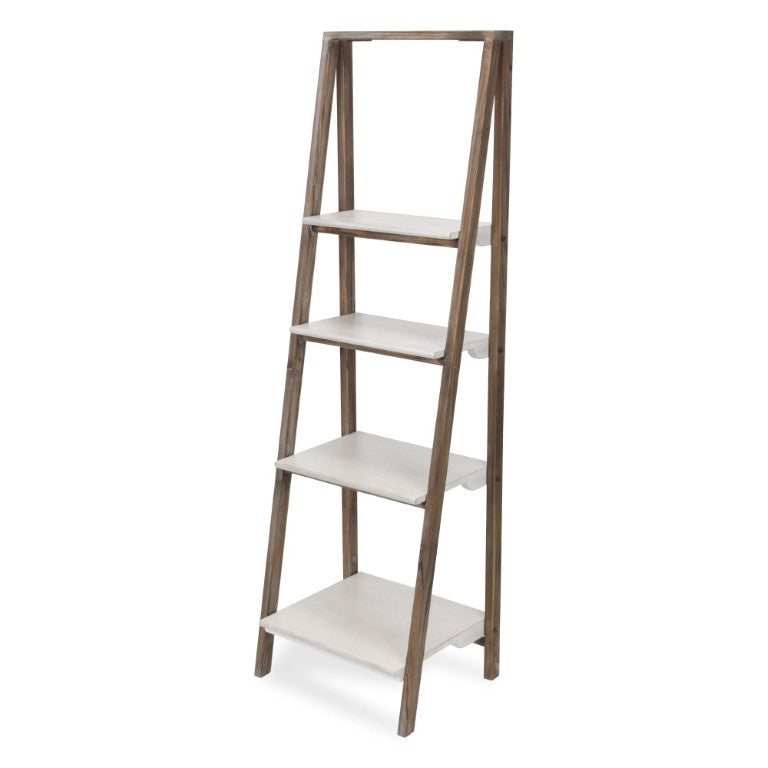 HomeRoots 61 Inch Distressed Brown White Wood Four Tier Ladder Shelf Farmhouse Living Room 738641