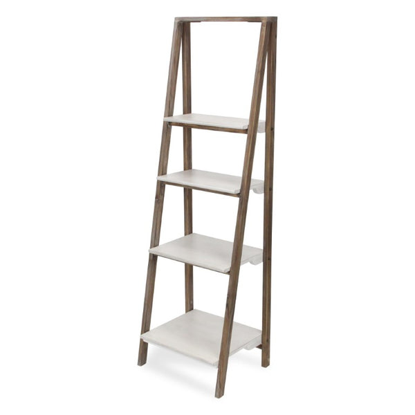61 Inch Distressed Brown White Wood Four Tier Ladder Shelf Farmhouse Living Room