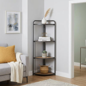 47 Inch Rustic Wood and Metal Four Tier Corner Bookcase for Stylish Home Organization