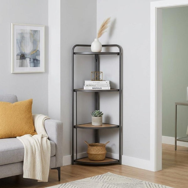 47 Inch Rustic Wood and Metal Four Tier Corner Bookcase for Stylish Home Organization