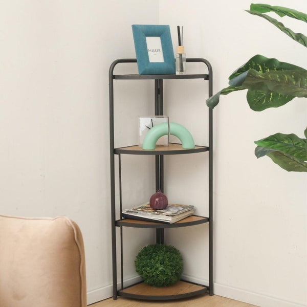 47 Inch Rustic Wood and Metal Four Tier Corner Bookcase for Stylish Home Organization