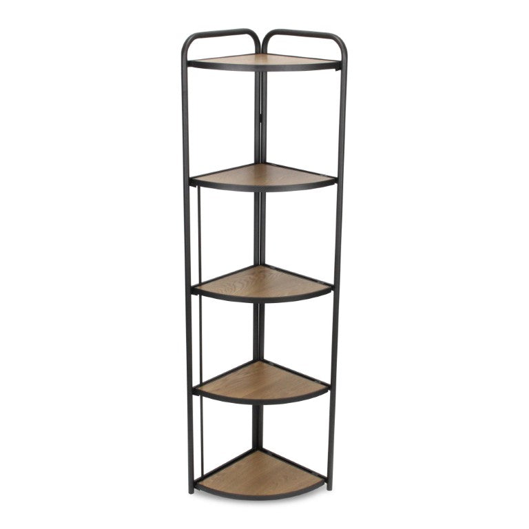 HomeRoots 62 Inch Five Shelf Corner Bookcase in Black Brown Metal Wood for Home Office 738643