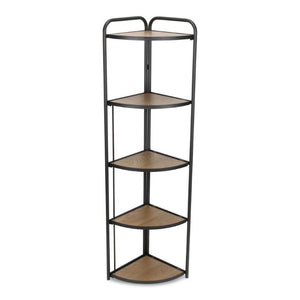 HomeRoots 62 Inch Five Shelf Corner Bookcase in Black Brown Metal Wood for Home Office 738643