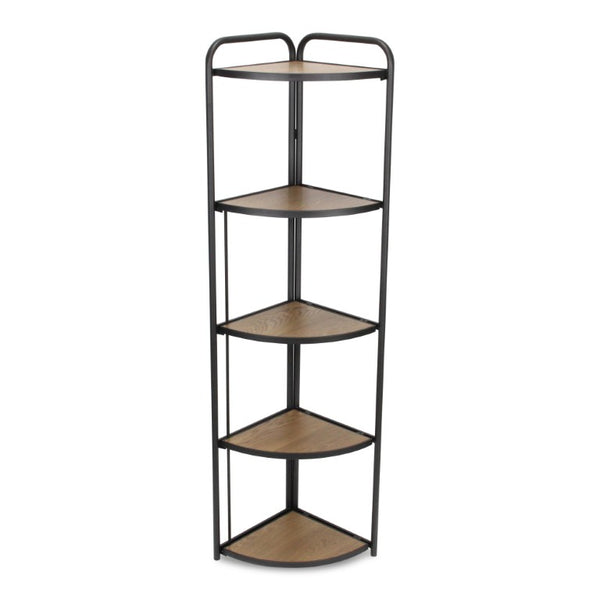 HomeRoots 62 Inch Five Shelf Corner Bookcase in Black Brown Metal Wood for Home Office 738643