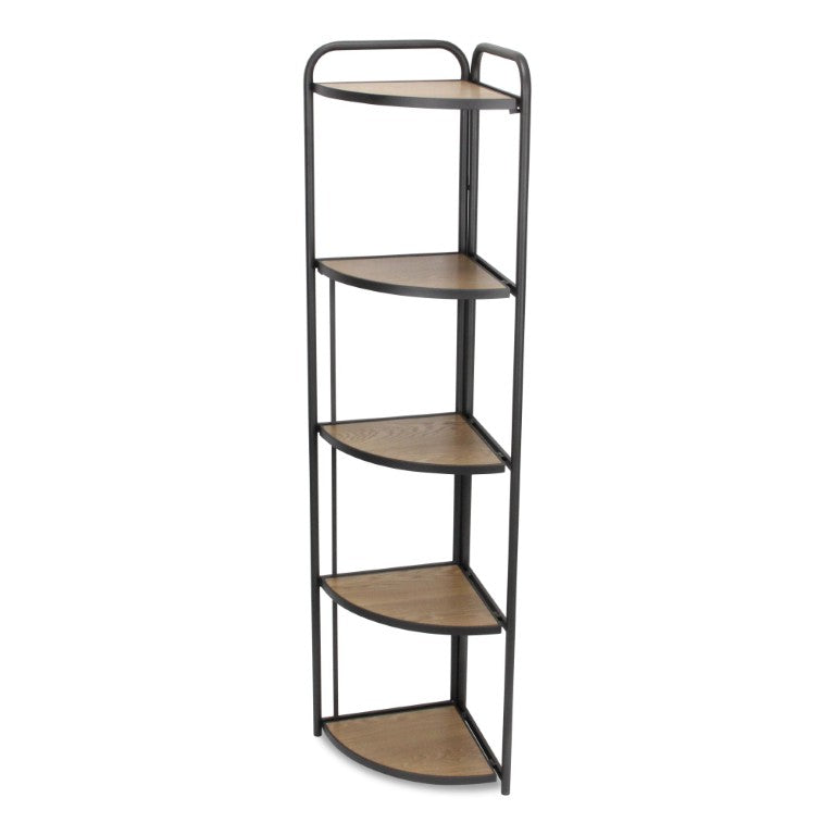 HomeRoots 62 Inch Five Shelf Corner Bookcase in Black Brown Metal Wood for Home Office 738643